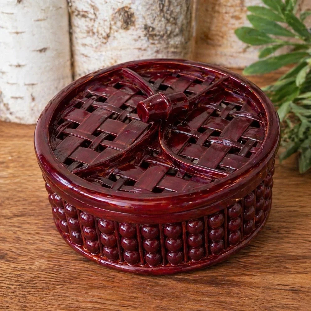 Vintage Burgundy Red Round Woven Trinket Box Removable Lid